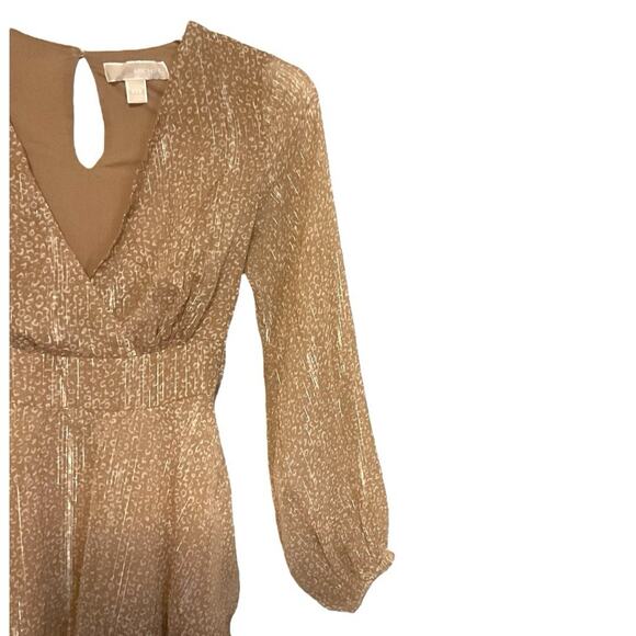 Michael Kors Metallic Gold Shimmer XXS Long Sleeve Mini Dress Party Ruffle Hem - Picture 6 of 16